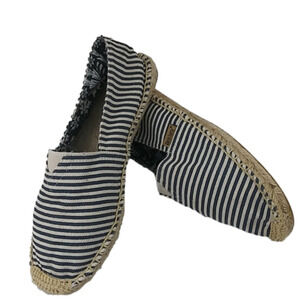 Alexis Leroy Blue Striped Fabric Upper Round Toe Slip On Espadrille Flats
